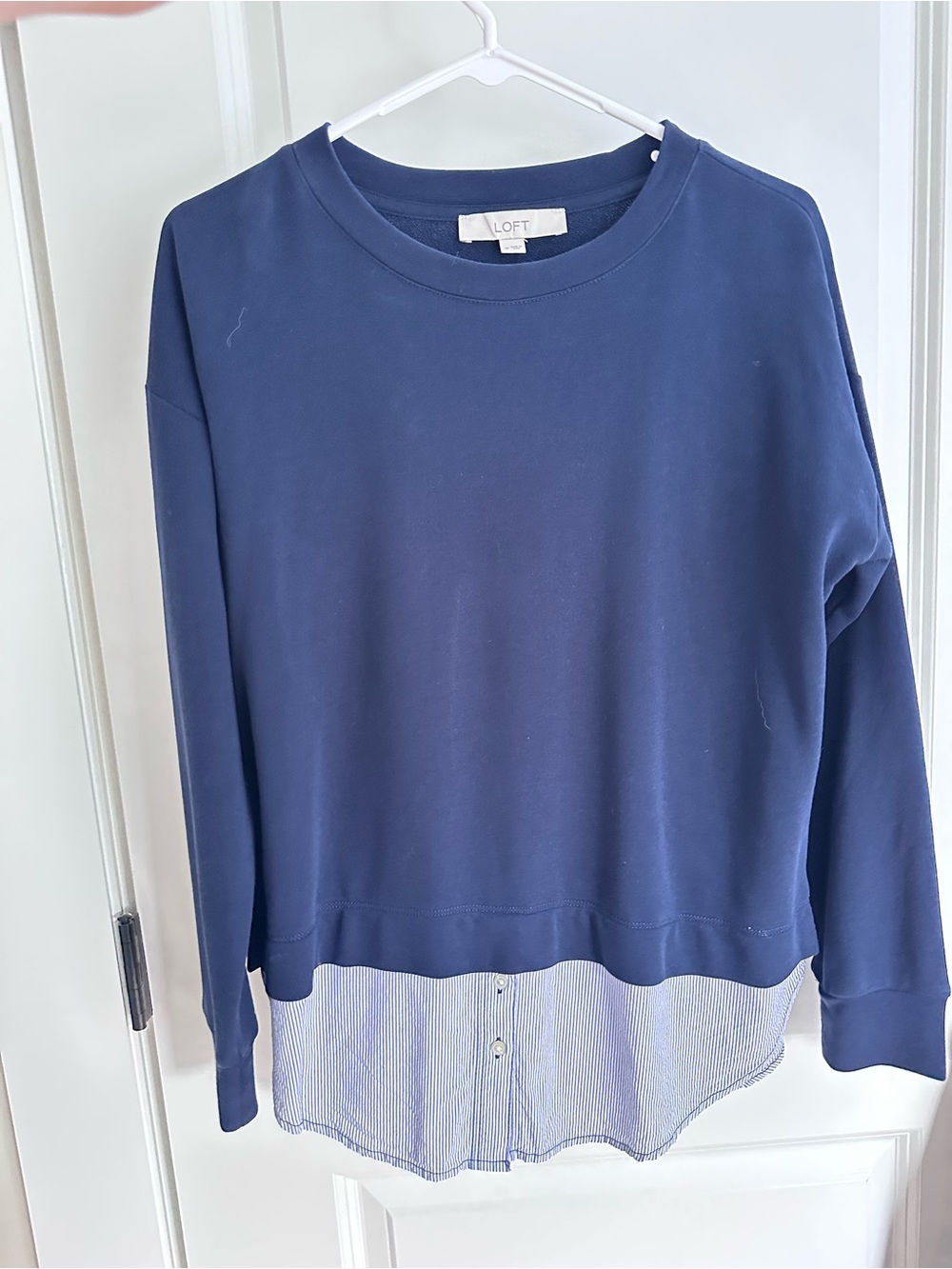 LOFT Navy Blue Layered Hem Sweatshirt with Striped Shirttail
